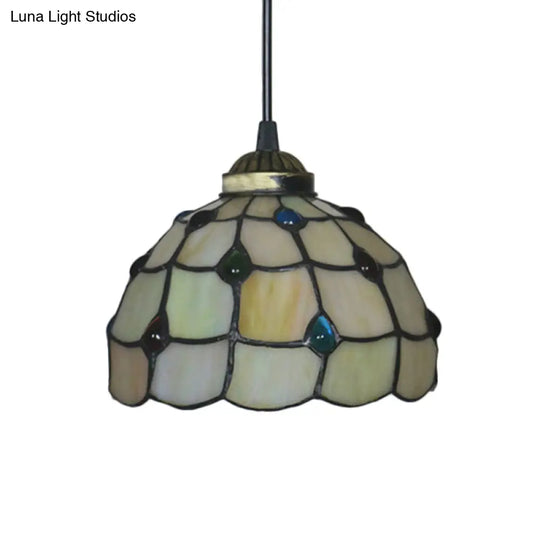 Beige Stained Glass Pendant Lamp: Beaded Tiffany Hanging Light Kit - 8/12 Wide Ideal For Study