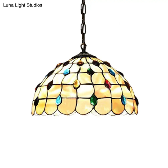 Beige Stained Glass Pendant Lamp: Beaded Tiffany Hanging Light Kit - 8/12 Wide Ideal For Study