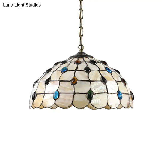 Beige Stained Glass Pendant Lamp With Beaded Detailing - Tiffany Hanging Light Kit For Study