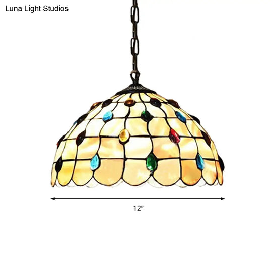 Beige Stained Glass Pendant Lamp: Beaded Tiffany Hanging Light Kit - 8/12 Wide Ideal For Study