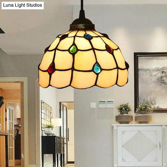 Beige Stained Glass Pendant Lamp With Beaded Detailing - Tiffany Hanging Light Kit For Study