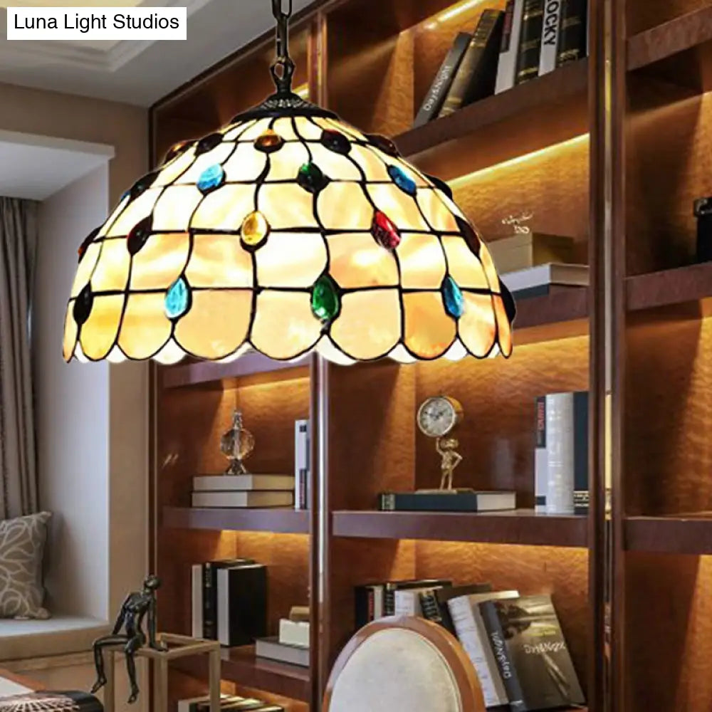 Beige Stained Glass Pendant Lamp With Beaded Detailing - Tiffany Hanging Light Kit For Study