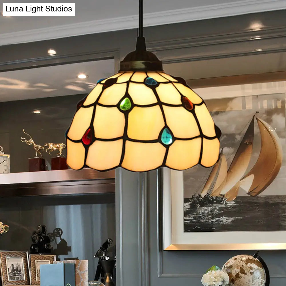 Beige Stained Glass Pendant Lamp: Beaded Tiffany Hanging Light Kit - 8/12 Wide Ideal For Study / 8