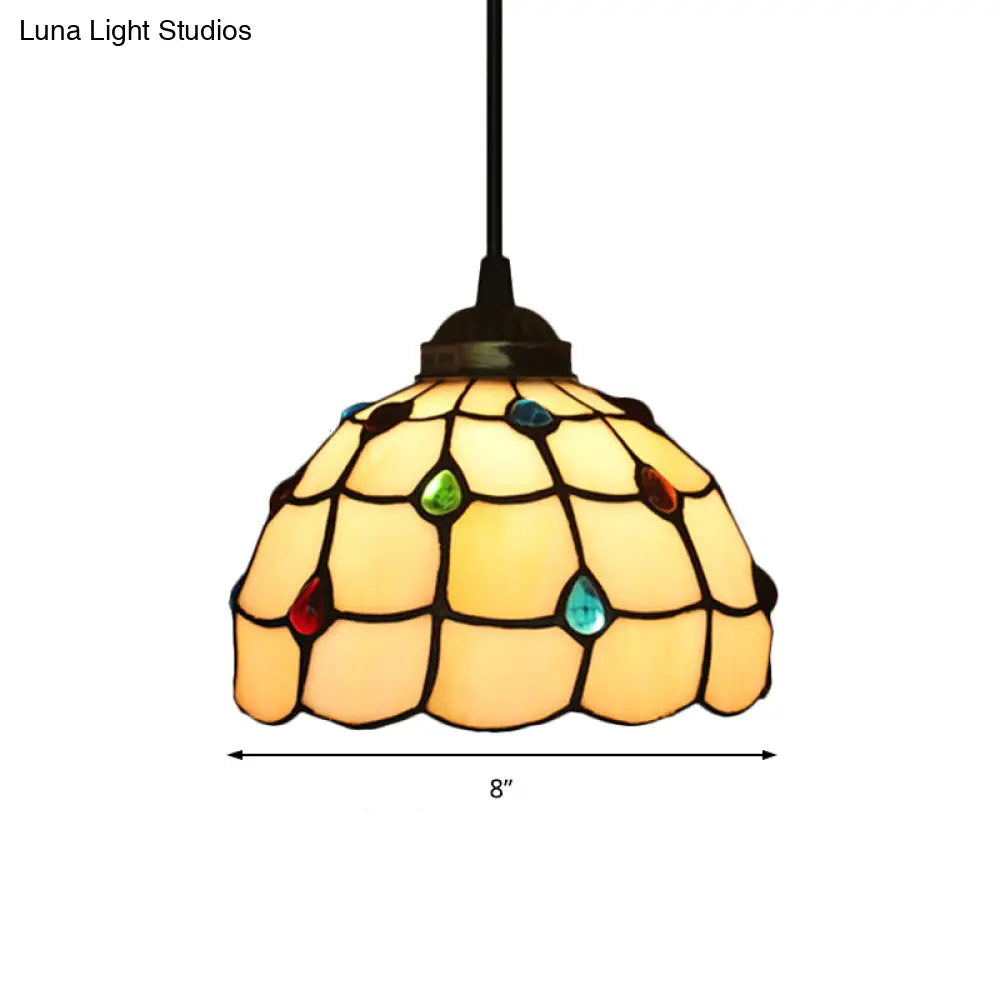Beige Stained Glass Pendant Lamp With Beaded Detailing - Tiffany Hanging Light Kit For Study