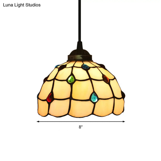 Beige Stained Glass Pendant Lamp With Beaded Detailing - Tiffany Hanging Light Kit For Study