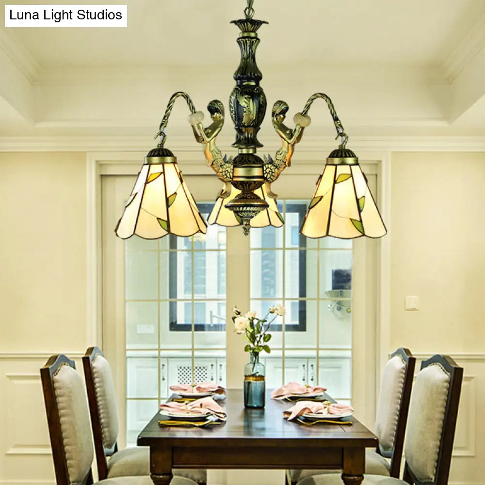 Beige Tiffany Cut Glass Chandelier Pendant Lamp - 3-Light Fixture For Dining Room
