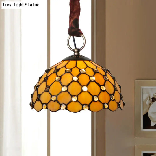 Tiffany Beige Bowl Suspension Lamp: 1-Bulb Cut Glass Ceiling Light Fixture With Jewel Deco