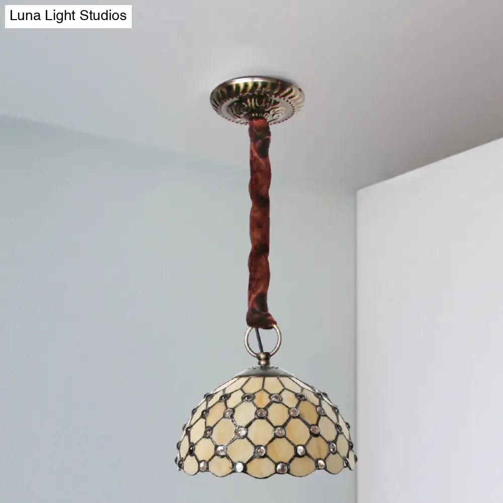 Beige Tiffany Glass Bowl Suspension Lamp: Elegant 1-Bulb Ceiling Light Fixture With Jewel Deco