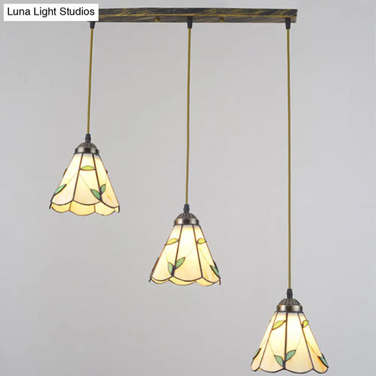 Beige Tiffany Stained Glass Pendant With 3 Bulbs - Stylish Suspension Lighting For Dining Room /