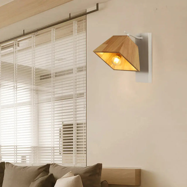 Beige Trapezoid Shade Rotatable Wood Wall Sconce - Modern Balcony Bedroom Lamp