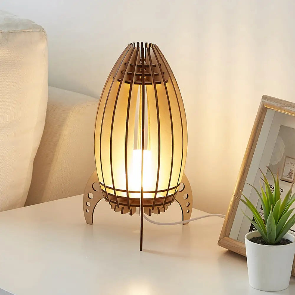Beige Usb Rocket Frame Cartoon Led Nightstand Lamp For Bedroom Wood