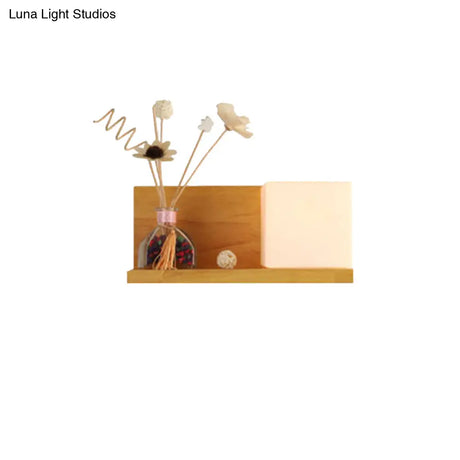 Beige Wall Lamp With Modern Cube Shade - Bedroom Sconce Light