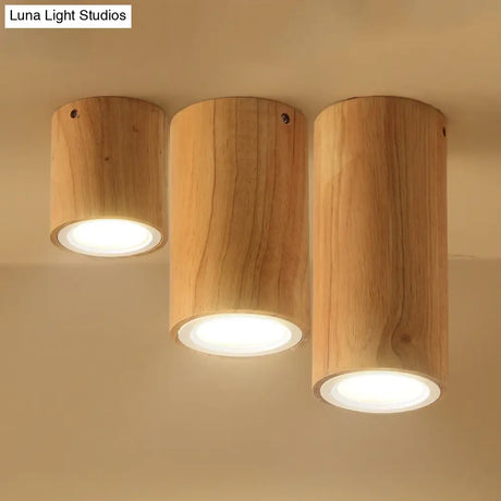 Beige Wood Cylinder Down Light - Asian Inspired Flush Mount For Dining Room