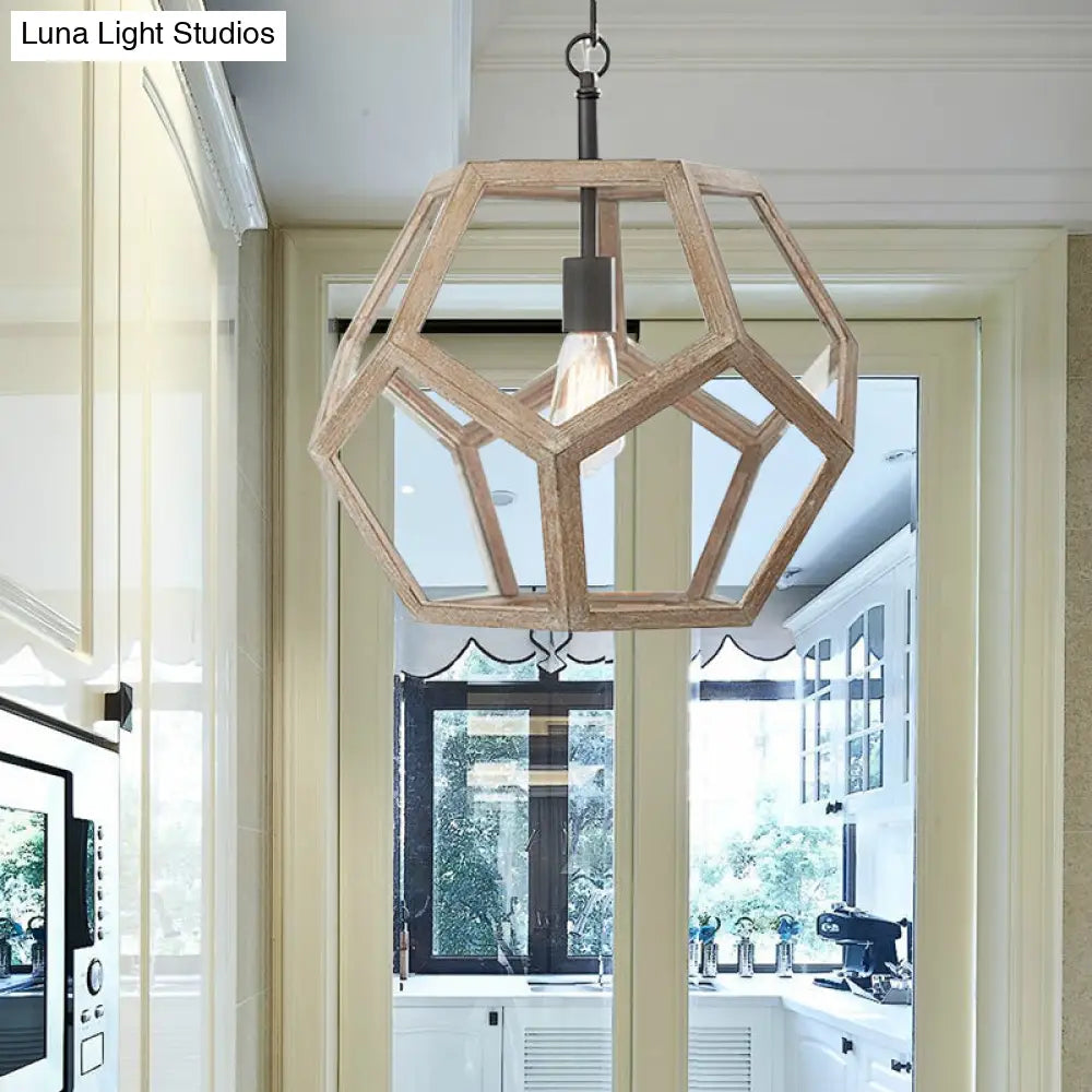 Beige Wood Pendant Light - Farmhouse Style 1-Light Corridor Hanging Ceiling Fixture