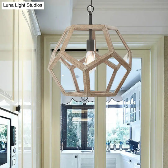 Beige Wood Pendant Light - Farmhouse Style 1-Light Corridor Hanging Ceiling Fixture