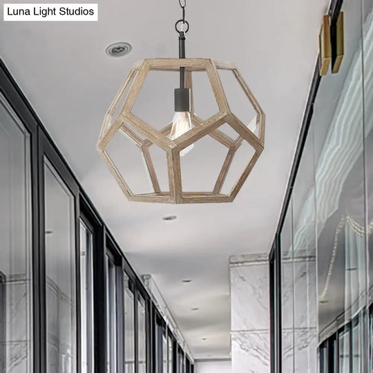 Beige Wood Pendant Light - Farmhouse Style 1-Light Corridor Hanging Ceiling Fixture