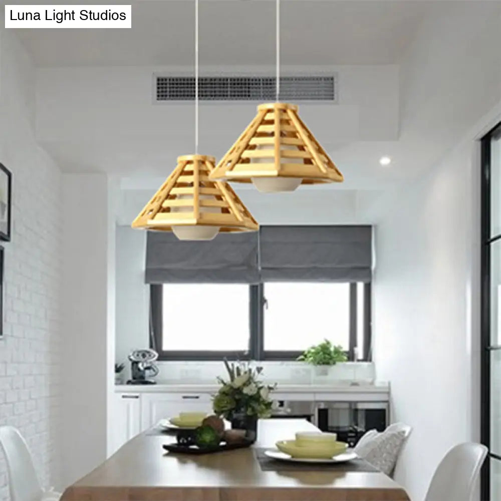 Beige Wood Pendant Light - South-East Asia Inspired Tapered Design 1-Bulb Ceiling Suspension Lamp
