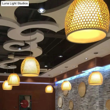 Bell Shaped Bamboo Hanging Lamp - Chinese Style For Dining Room With 1-Light And Beige Down Lighting