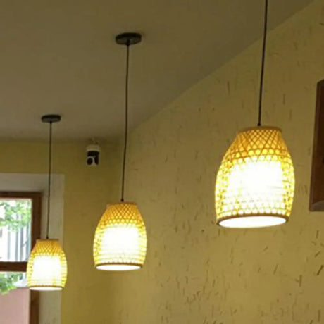 Bell Shaped Bamboo Hanging Lamp - Chinese Style For Dining Room With 1-Light And Beige Down Lighting