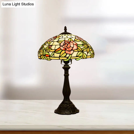 Bella - Tiffany Stained Glass Night Stand Lamp: Rose Pattern Table Lighting