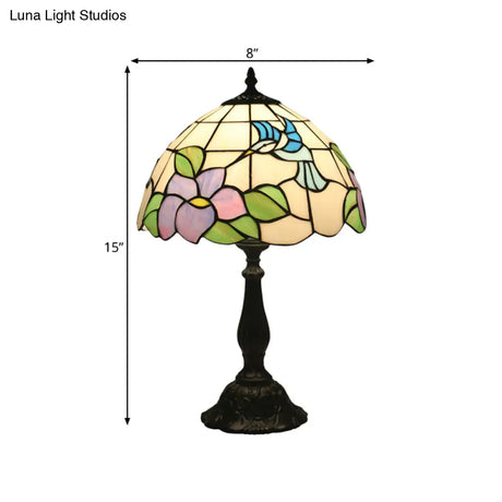 Bird And Flower Desk Light - Stained Glass Baroque Table Lamp In Bronze