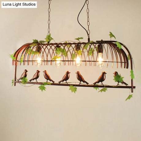 Birdcage Pendant Light - Rustic Wrought Iron Island Lamp With Vine And Bird Deco For Dining Room