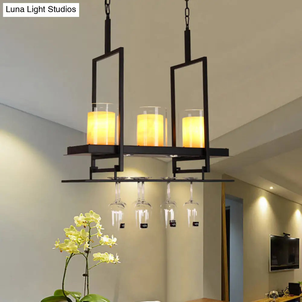 Black 3/5-Light Island Light Fixture With Clear Glass Cylindrical Pendant For Dining Room -
