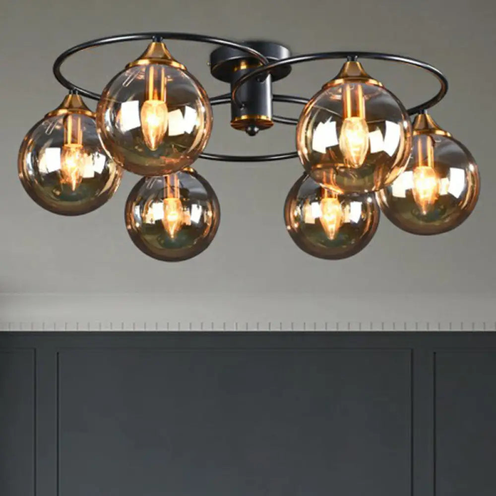 Black And Brass Postmodern Semi-Flush Chandelier With Glass Ball Shade For Ceiling Lighting Lamp