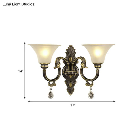 Black And Gold Crystal Raindrop Bell Shade Wall Sconce Light Fixture With 2-Bulb Mount