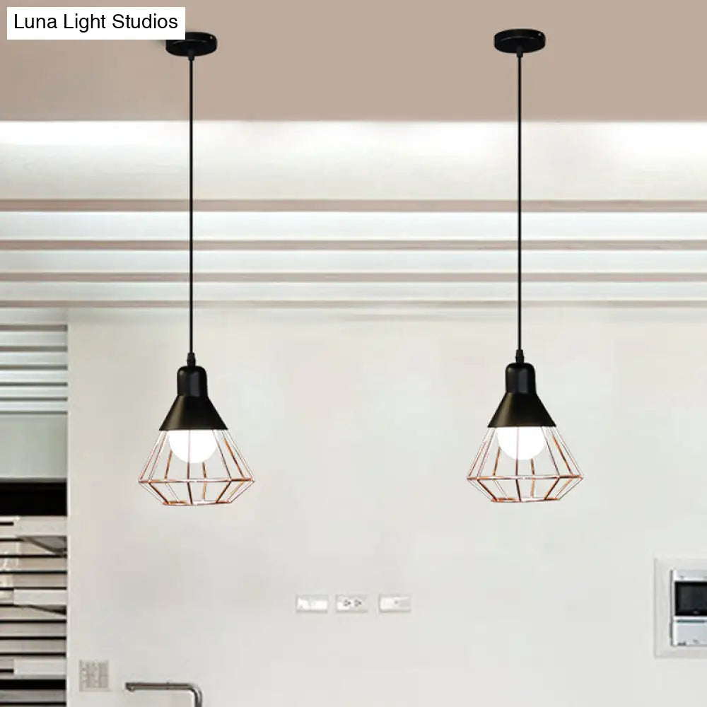 Black And Rose Gold Drop Pendant Ceiling Light - Loft Style Iron Cone/Cage Design