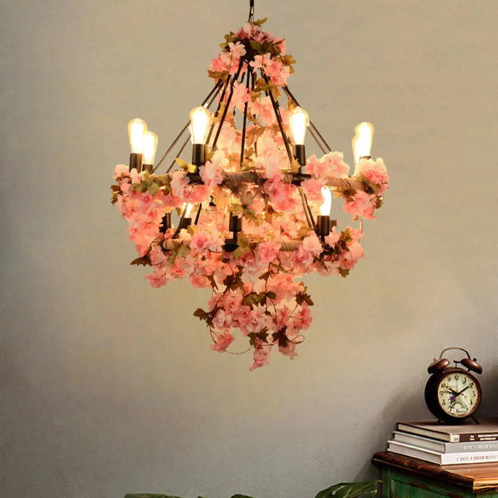 Black Bare Bulb Chandelier With Pink Flower And Rope Suspension - 14-Bulb Light Fixture For