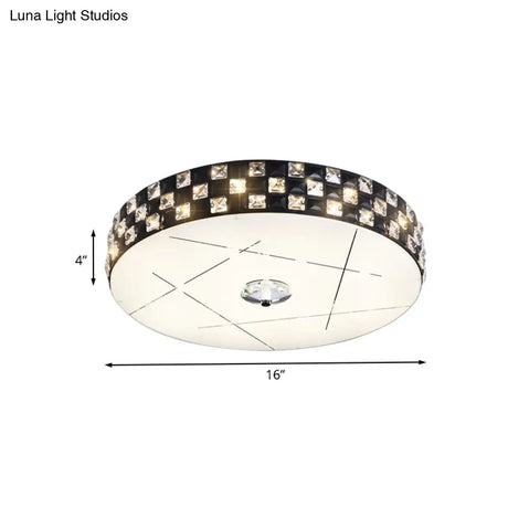Black Beveled Crystal Led Drum Flushmount Ceiling Light For Guest Room