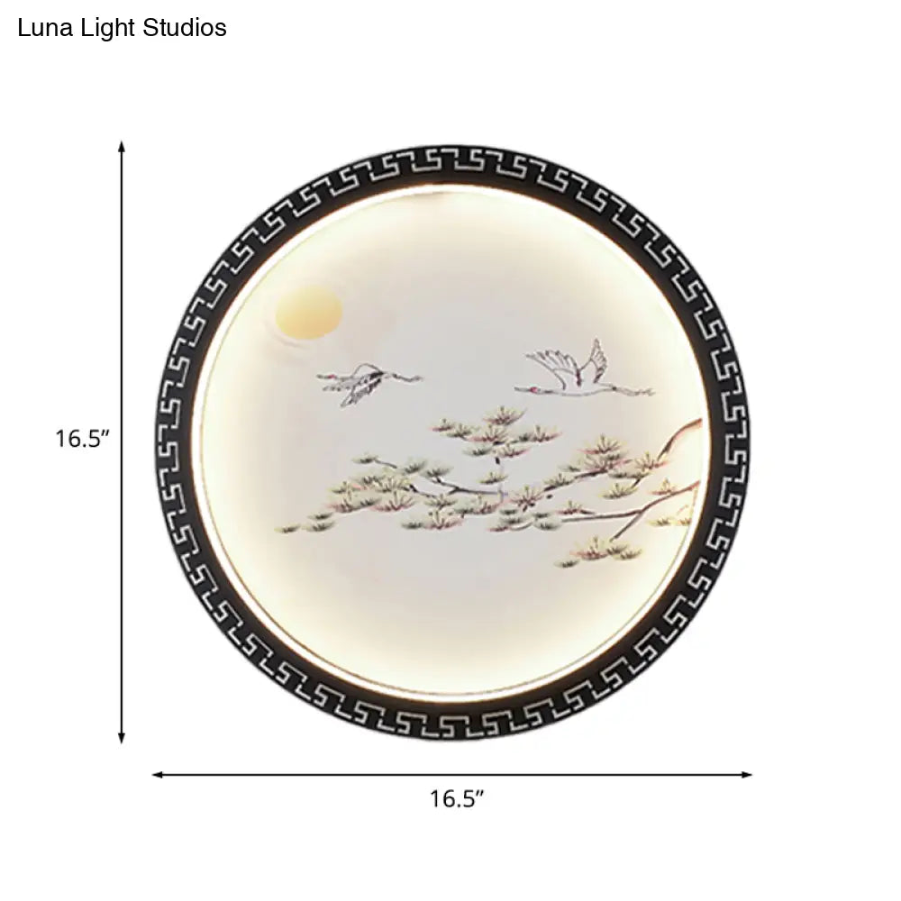 Black Bird And Tree Branch Led Wall Mount Light Fixture - Asian Style With Fabric Shade
