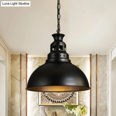 Black/Brass 1-Light Hanging Pendant For Dining Room - Loft Style Dome Shade Fixture