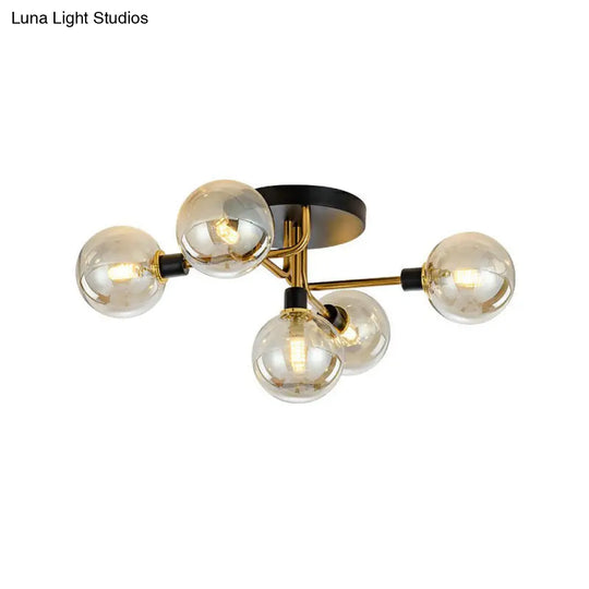Black-Brass 5-Light Glass Semi-Flush Mount Ceiling Lamp - Contemporary Ball Shaped Design For