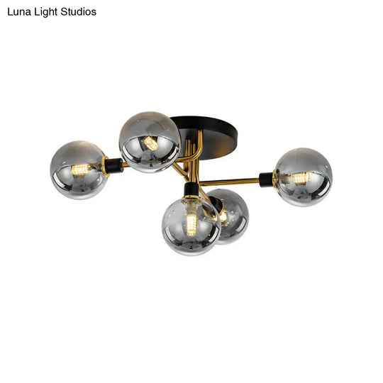 Black-Brass 5-Light Glass Semi-Flush Mount Ceiling Lamp - Contemporary Ball Shaped Design For