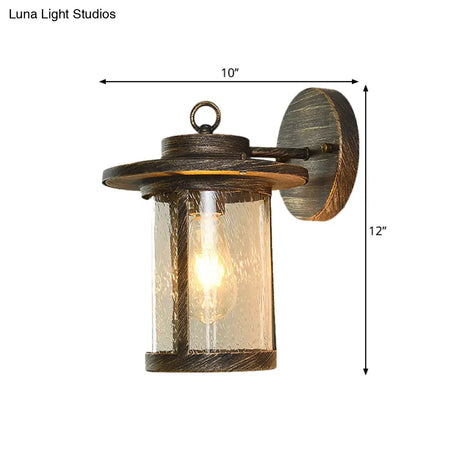 Black/Brass Cylinder Wall Light With Seedy Glass - Ideal For Warehouse Mounted