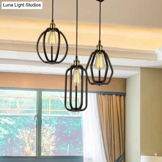 Antique Black Iron Pendant Light With 3 Cages - Adjustable For Living Room Ceiling