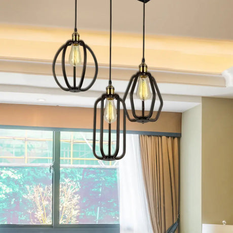 Black Cage Iron Pendant Lighting With Adjustable Cord For Living Room Ceiling