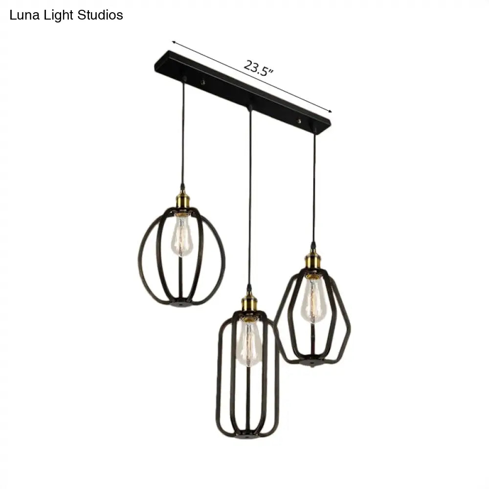 Antique Black Iron Pendant Light With 3 Cages - Adjustable For Living Room Ceiling