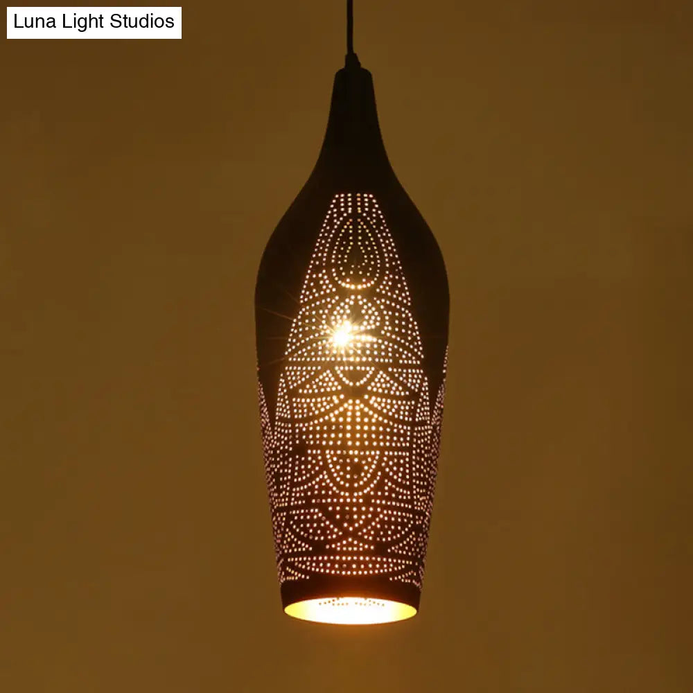 Black Carved Pendant Metal Ceiling Lamp With Decorative Suspension - 1 Bulb Design