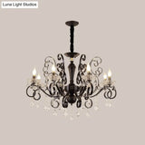 Black Chandelier With Crystal Strands - Metallic Candle Hanging Lamp Kit (6/8 Bulbs) Minimalistic