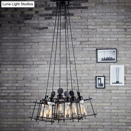 Black Cluster Pendant Light With Caged Shade - Retro Metallic Farmhouse Ceiling Fixture (6 Lights)