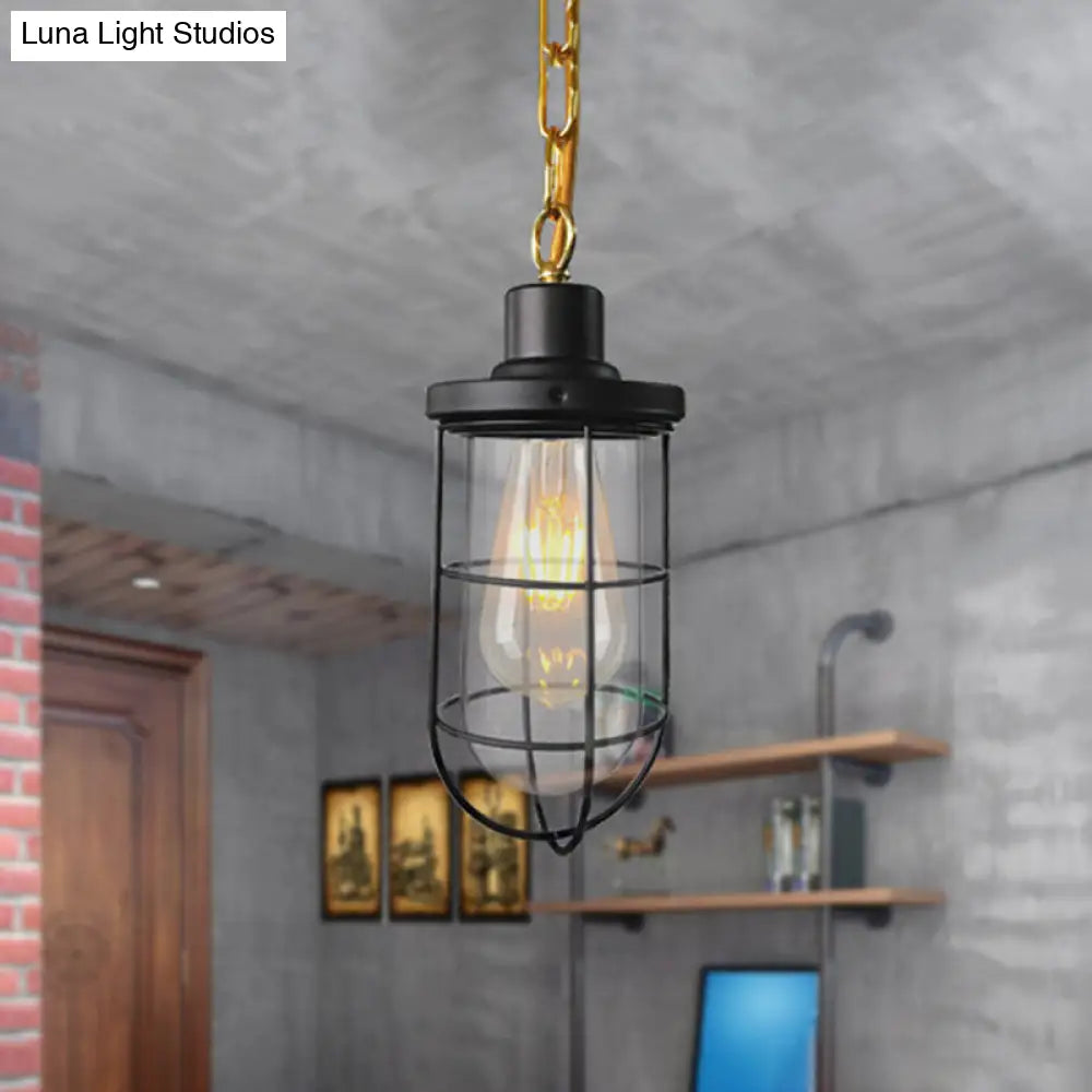 Coastal Black Caged Pendant Lamp With Clear Glass - Single-Bulb Hanging Light Fixture For Bedroom