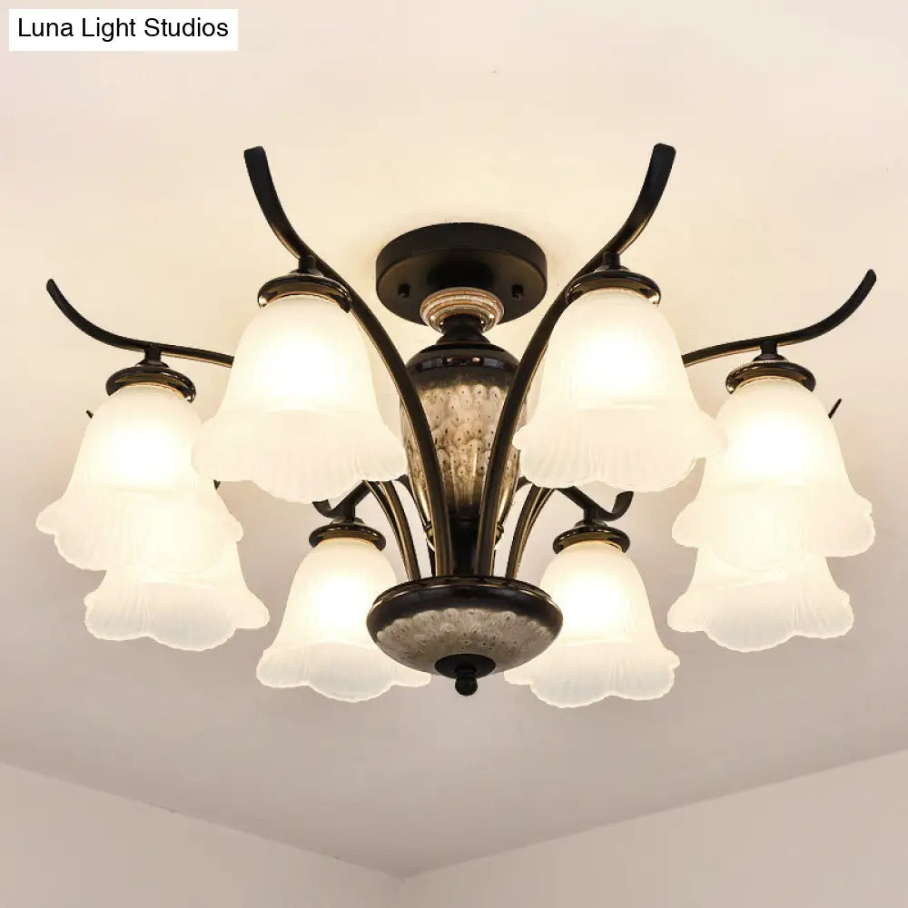 Black Country Flower Semi Flush Mount Ceiling Light With Opal Ribbed Glass - 3/6/8 Heads