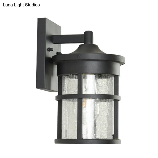 Black Crackle Glass Sconce Lamp - Cylindrical Countryside Wall Lighting With Metal Frame 1 Bulb