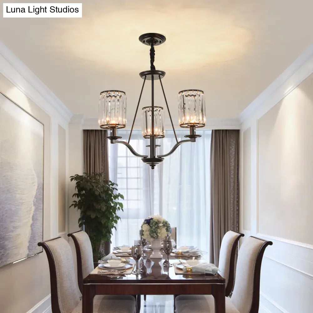 Black Crystal Beveled Pendant Light - Cylinder Chandelier For Living Room Ceiling Country Style