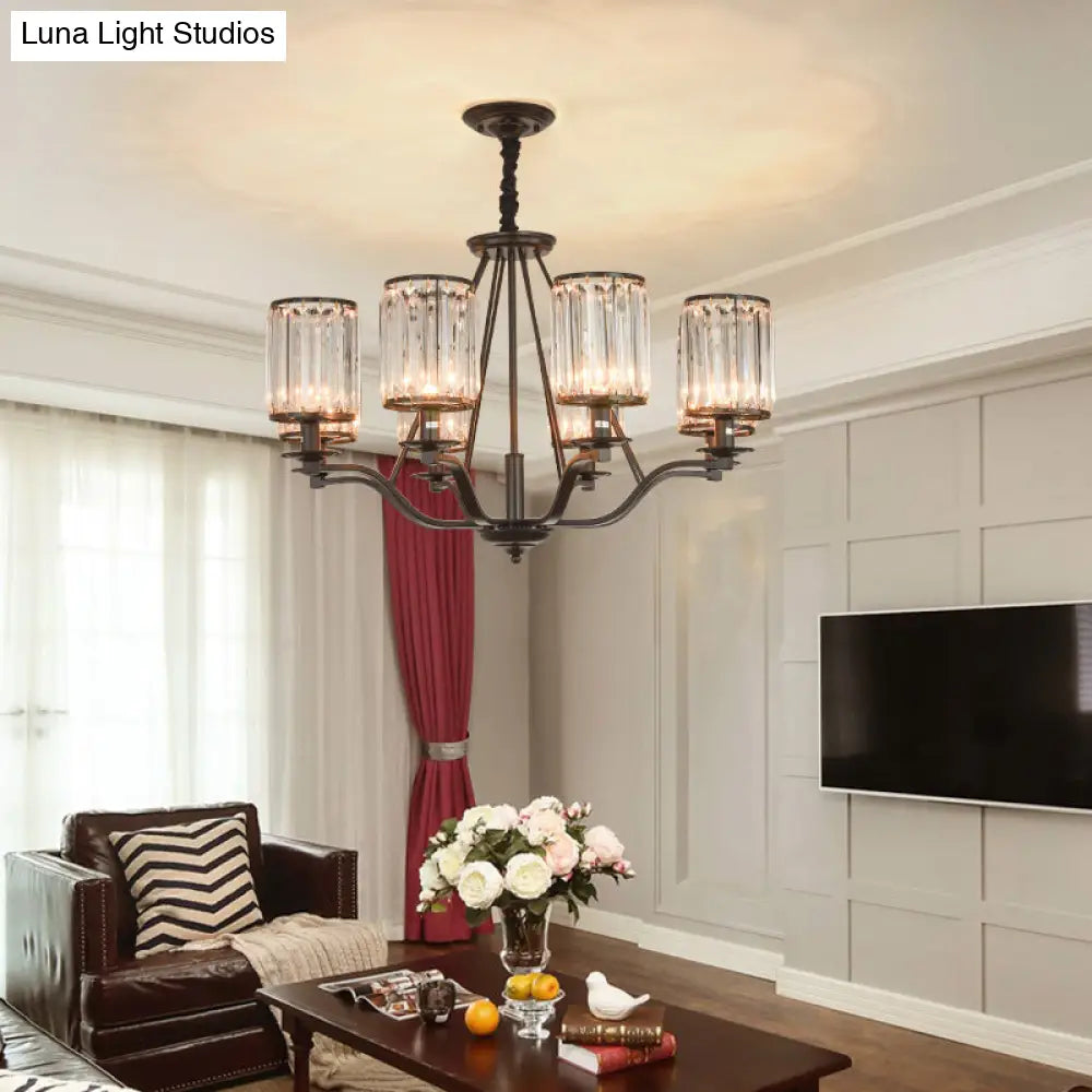 Black Crystal Beveled Pendant Light - Cylinder Chandelier For Living Room Ceiling Country Style