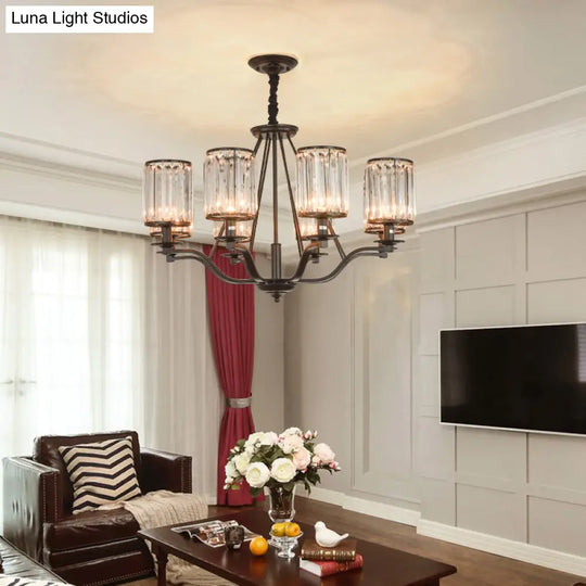 Black Crystal Beveled Pendant Light - Cylinder Chandelier For Living Room Ceiling Country Style