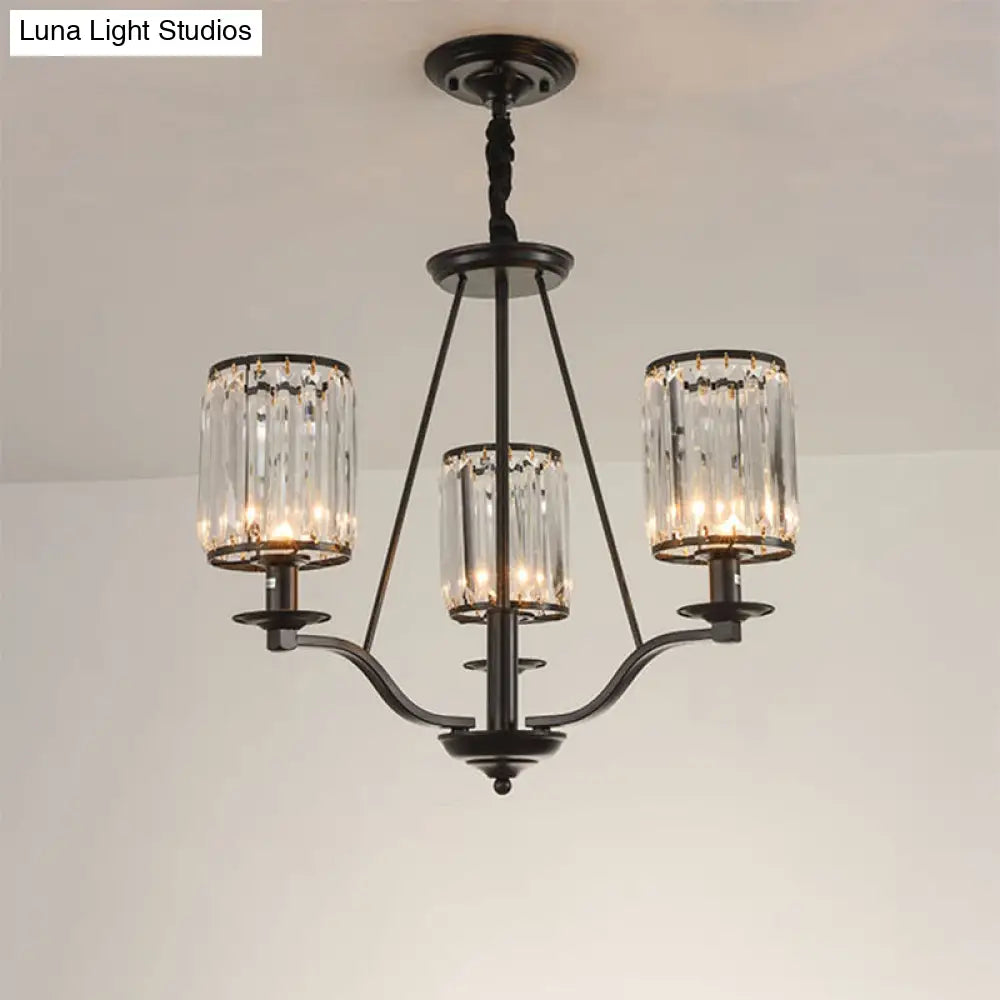 Black Crystal Beveled Pendant Light - Cylinder Chandelier For Living Room Ceiling Country Style